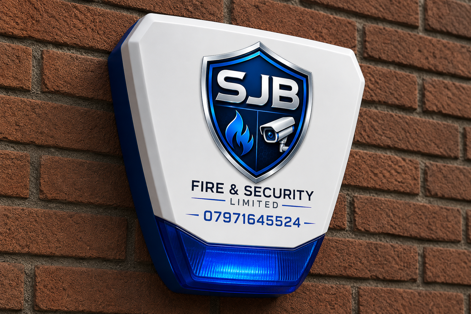 SJB branded alarm box mounted on a brick wall